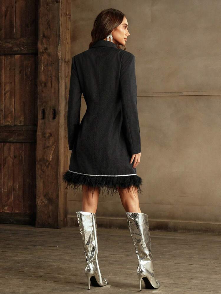 Women's Elegant Double-Breasted Slim Fit Feather Patchwork Dress