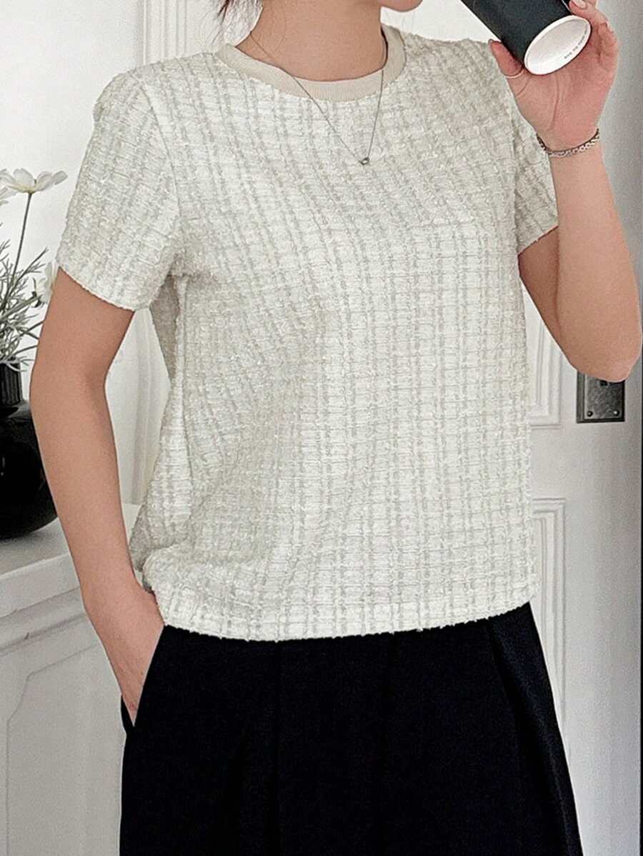 Dazy Star Women's Solid Color Splice Round Neck Short Sleeve Casual T-Shirt - White - View 1