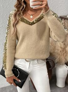 SHEIN Clasi Long Sleeve V-Neck Dropped Shoulder Contrast Sequin Sweater, Autumn/Winter, Knit Pullover Fall - Khaki - View 7