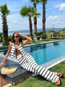 RueChic Asymmetrical Striped Two-Piece Cover Up - Black and White - View 3