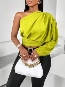 SOLERSUN Blouse plissée à une épaule avec manches longues pour femmes, hauts à manches longues - Vert - Voir 3