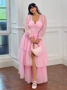 Flirla Plus Size Sweet European Style Palace Tie-Bow Ruffle Layered Skirt With Front Opening, Pink - Pink - View 3