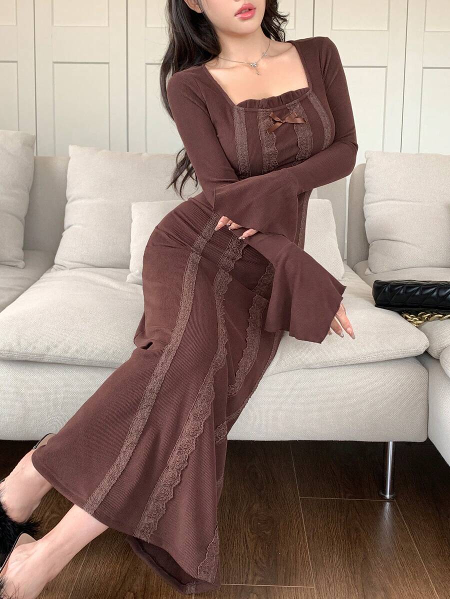 Modelyn Đầm dài tay thanh lịch cổ vuông ren chắp vá cho nữ - màu nâu - Xem 1