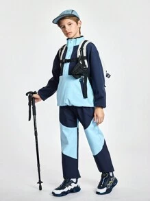 SHEIN Tween Boy Outdoor Sports Hiking Camping Climbing Sailing Windproof & Waterproof Color Block Suit - Multicolor - View 1