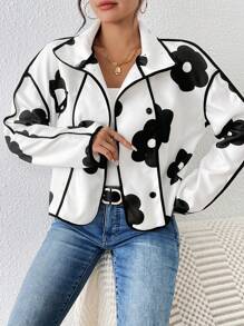 SHEIN Essnce 冬季黑色花卉女式花卉印花纽扣前高领外套，冬季 - 黑與白 - 查看 5