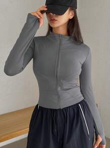 DAZY Chaqueta ajustada con cremallera delantera de unicolor, primavera otoño - Gris - Ver 4