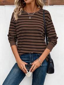 SHEIN LUNE Áo thun nữ tay dài cổ tròn kẻ sọc, kiểu dáng thường ngày, thích hợp cho mùa xuân thu. - Cà phê nâu - Xem 1