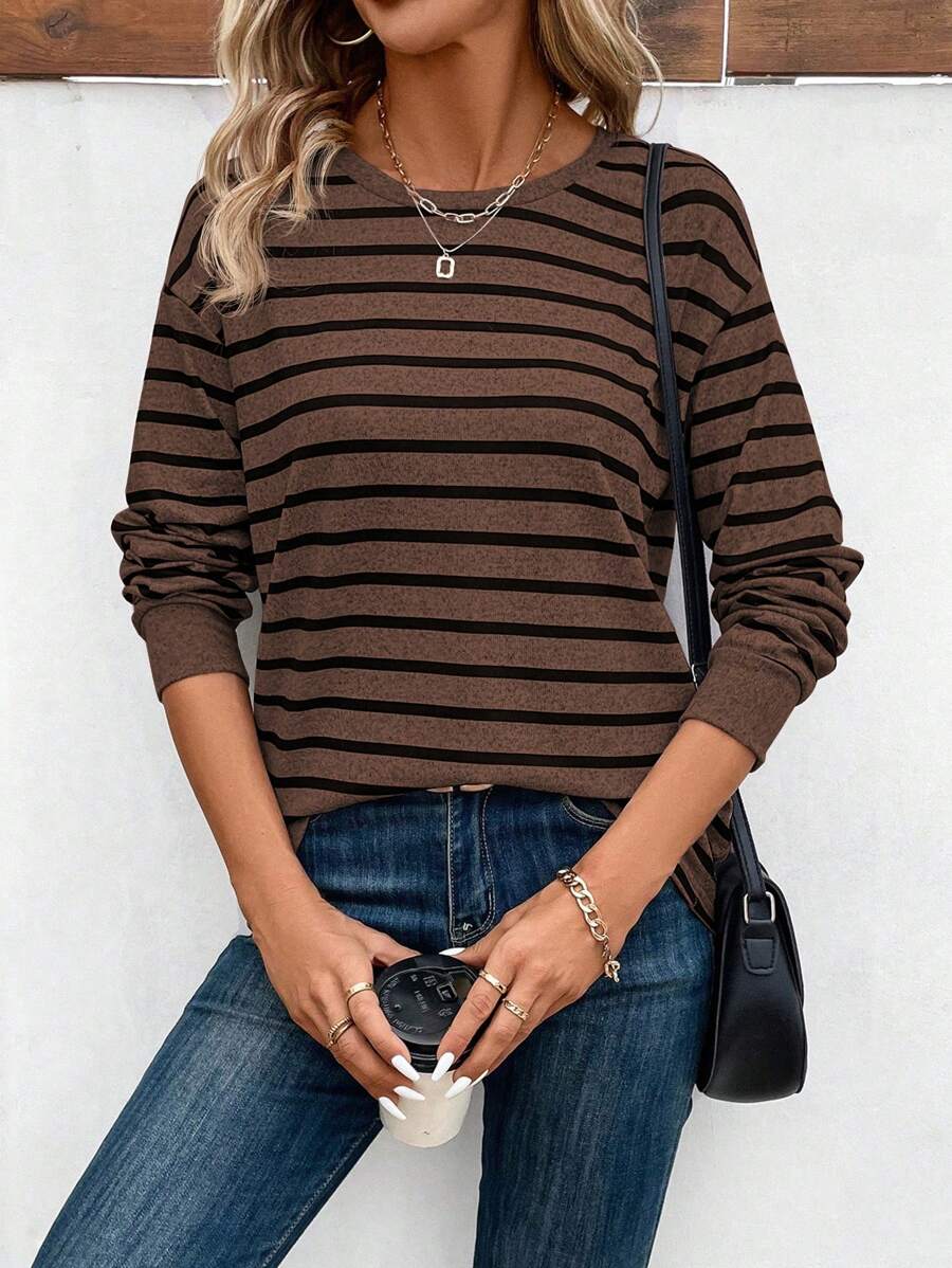 SHEIN LUNE Áo thun nữ tay dài cổ tròn kẻ sọc, kiểu dáng thường ngày, thích hợp cho mùa xuân thu. - Cà phê nâu - Xem 1