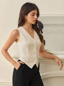 SHEIN Tall 秋冬女式V领单扣无袖西装外套 - 杏色 - 查看 4