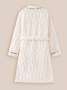 Tween Girl 杏色简约撞色边字母提花柔软羊毛睡衣长袍，系腰带，长袖 - 杏色 - 查看 2