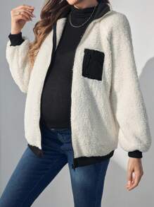 SHEIN Áo khoác vải nỉ cho bà bầu & áo khoác bomber có túi, áo nỉ kéo khóa mùa đông, dành cho bà bầu - Màu be - Xem 6