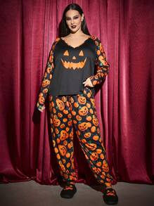 SHEIN SXY Комплект із 2 предметів одягу на Хелловін для жінок великих розмірів, топ і штани з V-подібним вирізом, рукавами реглан і принтом гарбузів та кажанів - Помаранчевий - Переглянути 7