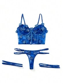Conjunto de lencería con corpiño con aros y borde de malla bordada con flores, incluye 1 par de anillos para las piernas