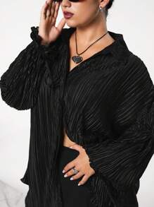 SHEIN EZwear Plus Size Women's Lapel Button-Front Long Sleeve Black Blouse - Black - View 3