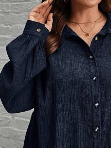 SHEIN LUNE 2pcs Plus Size Comfortable Textured Button-Up Long Sleeve Shirt And Elastic Waist Wide Leg Pants Set
