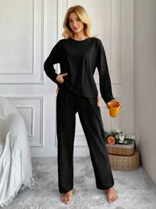 EURMUSE Bộ đồ ngủ thường ngày dài tay cổ tròn màu trơn cho nữ - màu đen - Xem 4