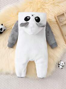 SHEIN 新生男婴可爱熊猫耳朵刺绣长袖连体衣、连体睡衣 - 彩色 - 查看 2