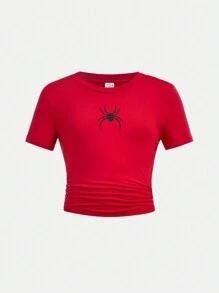 SHEIN Girlism 2pcs/Set Tween Girl  Casual Minimalist Spider Print Crew Neck Short Sleeve Fitted T-Shirt - Red - View 9