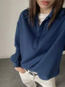 DAZY 女士纯色落肩长袖宽松休闲运动衫，秋冬，长袖上衣，返校服，秋季女装 - 藍色 - 查看 8