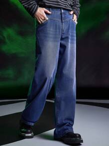 ROMWE MEN Beetlejuice | ROMWE Men Casual Cartoon And Letter Printed Wide Leg Jeans - Purple - View 4