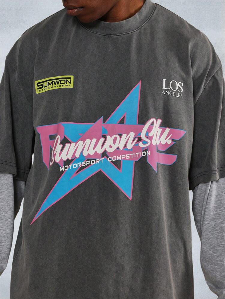 Grey Doc Sleeve Washed Tee With Star Rage Graphic Print - Black - View 4