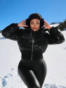 SHEIN SXY 女士休闲厚垫闪亮派对夹克外套，秋冬季保暖 - 黑色 - 查看 1