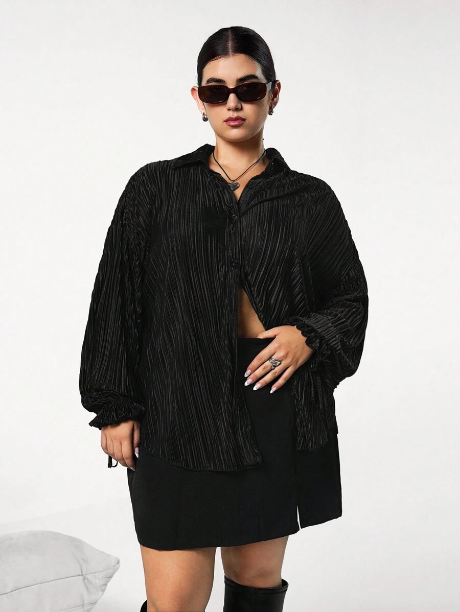 SHEIN EZwear Plus Size Women's Lapel Button-Front Long Sleeve Black Blouse - Black - View 1