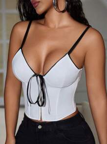 Yuwenier Y2K铆钉镂空V领撞色缎面蝴蝶结前胸露脐吊带背心