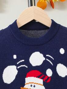 SHEIN Tween Boys 圣诞毛衣，海军蓝宽松雪人提花图案圆领长袖套头针织毛衣，适合秋冬季和圣诞节假期