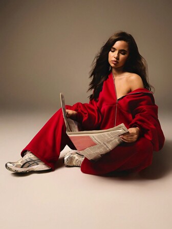 Athîral 2pcs Women Solid Zip-Up Hoodie Top & Pants Casual Sports Set