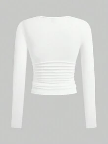 SHEIN EZwear 两件套女士休闲圆领修身长袖T恤套装，适合秋冬季节穿着，腰部褶皱设计 - 彩色 - 查看 4