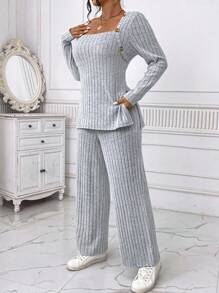 SHEIN 2pcs Plus Size Women Elegant Casual Commuter Comfortable Solid Crew Neck Long Sleeve Ribbed Knit Top And Wide Leg Pants Set