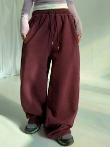 DAZY 女士纯色弹力腰带抓绒运动裤，休闲圣诞节和中国新年装扮，四季皆宜的女士慢跑裤，冬季款 - 酒紅色 - 查看 3