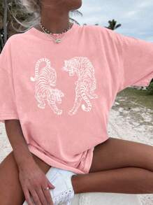 INAWLY Damska luźna, okrągła szyja, opadające ramiona, krótki rękaw, nadruk tygrysa, luźna koszulka, letnie koszulki graficzne, damskie topy