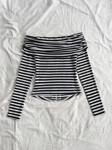 Soleia Blusa de manga larga a rayas blancas y negras, informal y adorable con hombros descubiertos, para mujer de talla grande, para vacaciones, graduación o regreso a la escuela