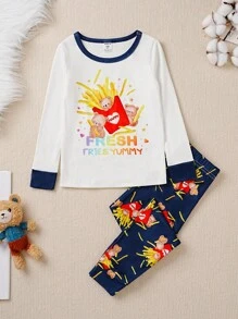 2pcs Young Boy Casual White Fries Bear Print Snug Fit Long Sleeve Top And Pants Loungewear Set - White - View 3
