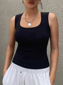 DAZY 女士纯色简约无袖黑色背心 - 黑色 - 查看 2