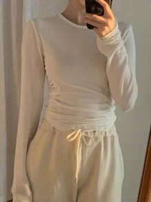 DAZY 女士圆领纯色长袖T恤，秋季服装 - 白色 - 查看 5