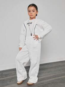 2 piezas Conjunto casual para niña (talla grande) blusa con capucha y pantalón de chándal blanco