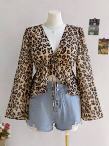 Soleia 大码女式返校/秋假娃娃装上衣豹纹花卉印花 V 领长袖衬衫 - 彩色 - 查看 1