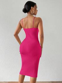 SHEIN Allurite Sleeveless Slim-Fit Midi Ribbed Knitted Dress For Women, Christmas - Hot Pink - View 2