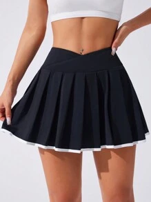 CourtClass Women's Asymmetrical Waistline Contrast Color Pleated Sports Skorttennis Skirt