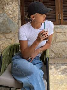Livesso Solid Color Slim Fit Short Sleeve Round Neck Women's T-Shirt Summer - White - View 3