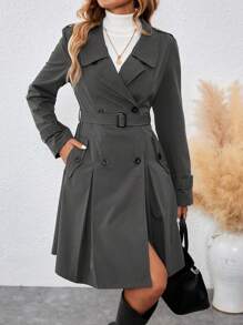 EMERY ROSE Women's Collar Cinched Waist Midi Trench Coat, Dark Grey Fall Winter Cloth For Women