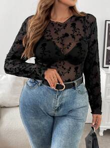 SHEIN Frenchy Áo cánh tay dài cổ tròn họa tiết hoa cỡ lớn cho nữ - màu đen - Xem 5