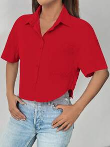Chiquease Women's Solid Color Pocket Short Sleeve Cropped Casual Shirt, Summer For New Year Clothes,Short Sleeve Tops