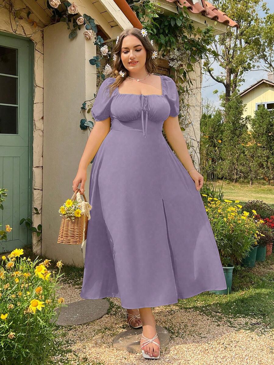 SHEIN SunnyBelle 大码女式纯色前系带短款泡泡下摆侧开衩优雅连衣裙，春夏 - 淡紫色 - 查看 1