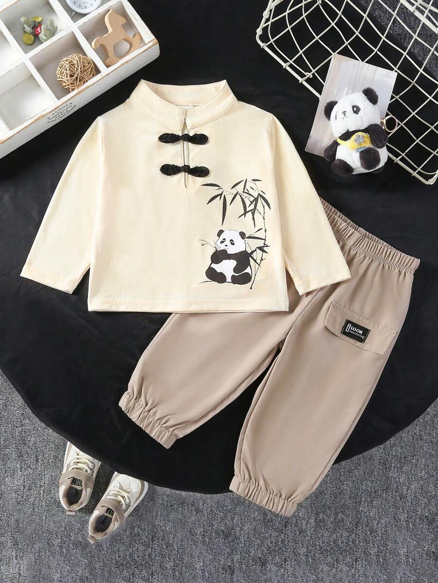 SHEIN 男宝宝传统中式绅士四件套，复古优雅 | 熊猫竹子数码印花衬衫，松紧袖口裤，适合外出休闲穿着 - 白色 - 查看 1