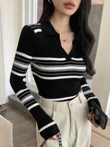DAZY Women's Striped Collared Long Sleeve Business Casual Pullover Sweater