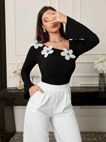 Modelyn Women's Asymmetrical Collar Long Sleeve Elegant T-Shirt With 3D Floral Decor, Spring Autumn Graphic Tees Women Tops For Spring Outfit